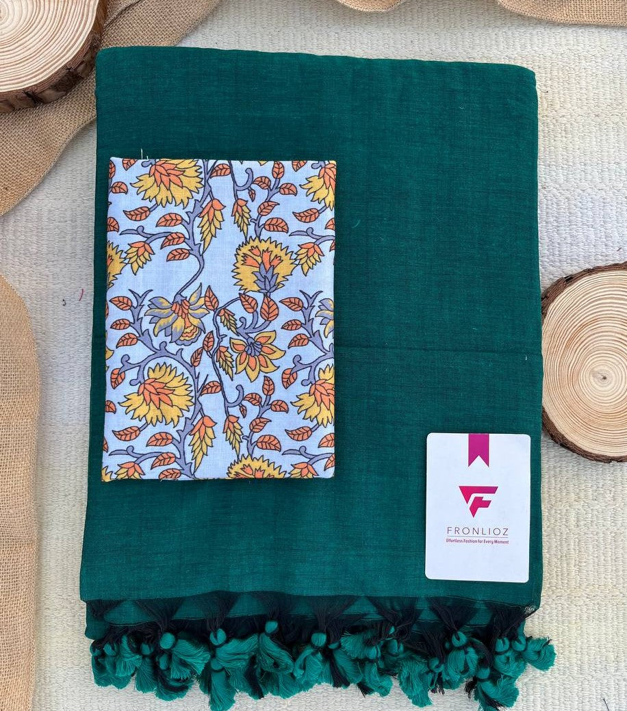 Green Khadi Cotton Saree & Designer Blouse