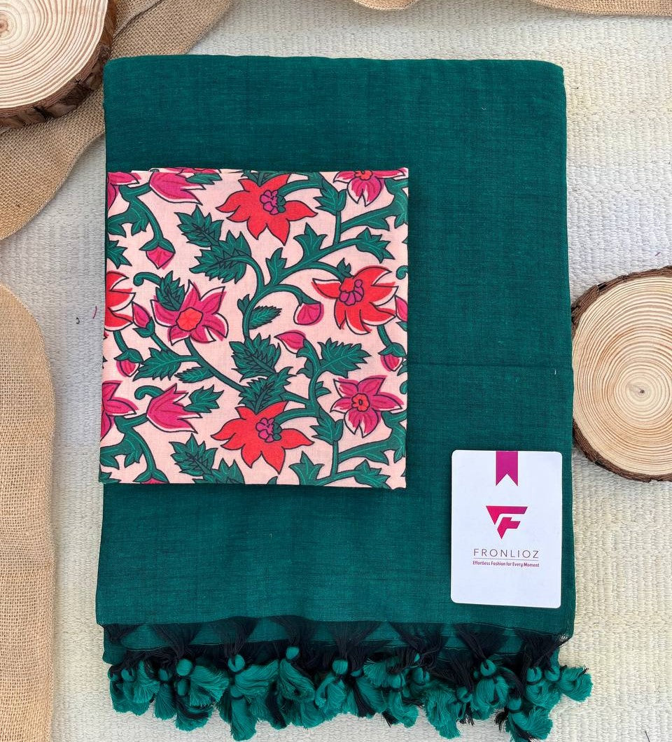 Green Khadi Cotton Saree & Designer Blouse
