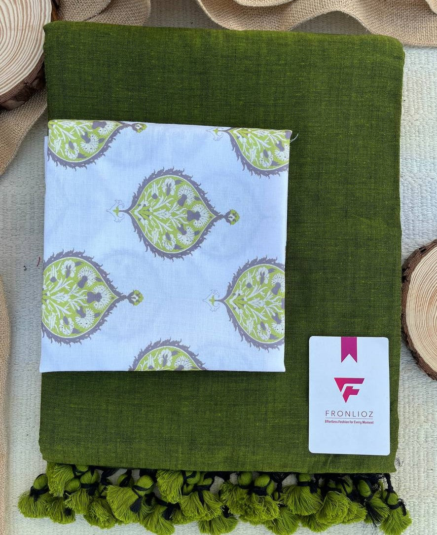 Olive Khadi Cotton Saree & Designer Blouse