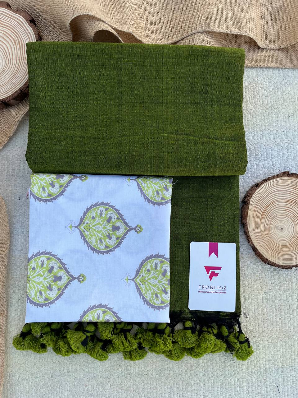 Olive Khadi Cotton Saree & Designer Blouse