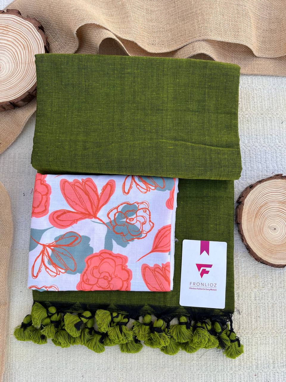 Olive Khadi Cotton Saree & Designer Blouse
