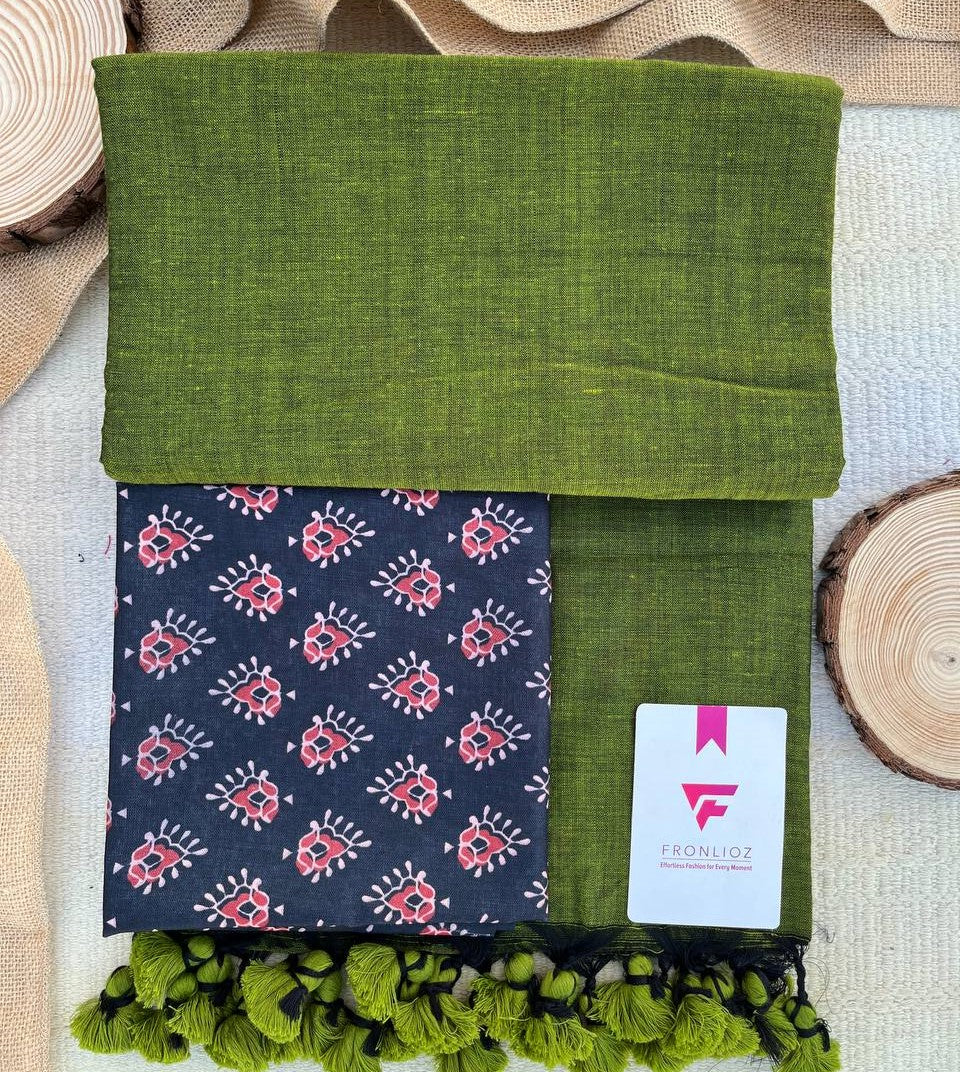 Olive Khadi Cotton Saree & Designer Blouse