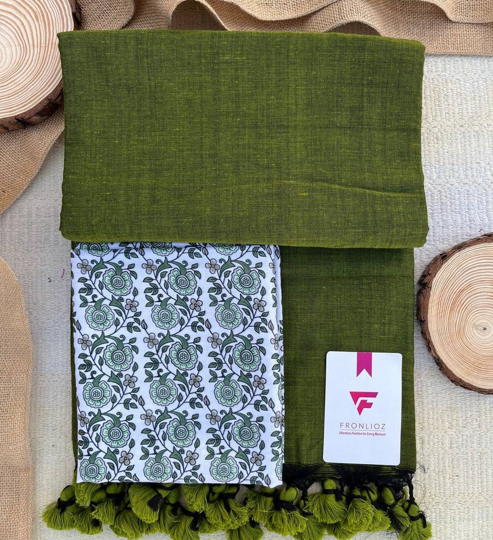 Olive Khadi Cotton Saree & Designer Blouse