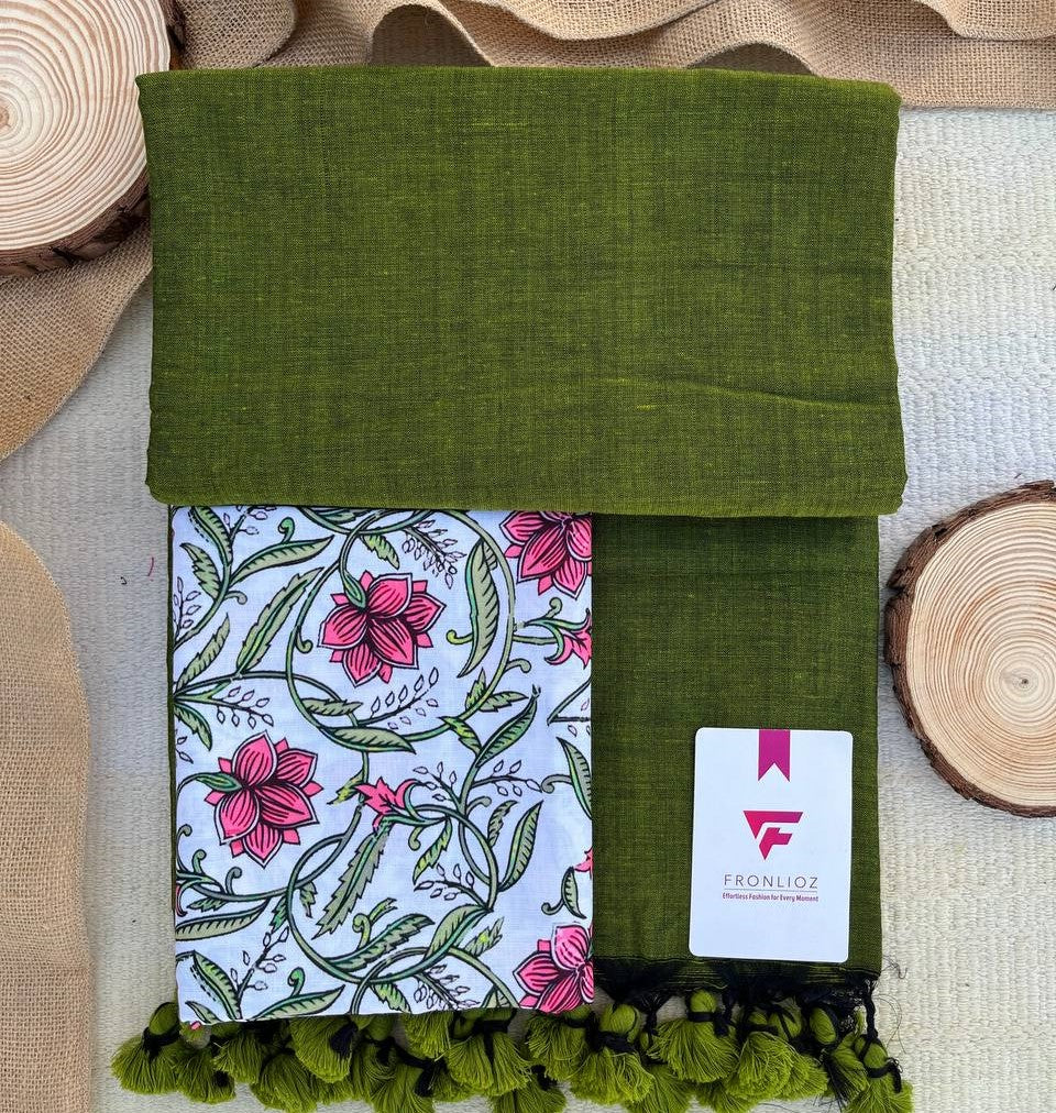 Olive Khadi Cotton Saree & Designer Blouse