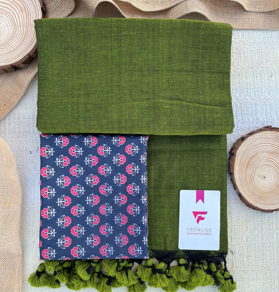 Olive Khadi Cotton Saree & Designer Blouse