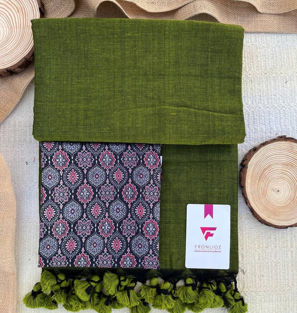 Olive Khadi Cotton Saree & Designer Blouse
