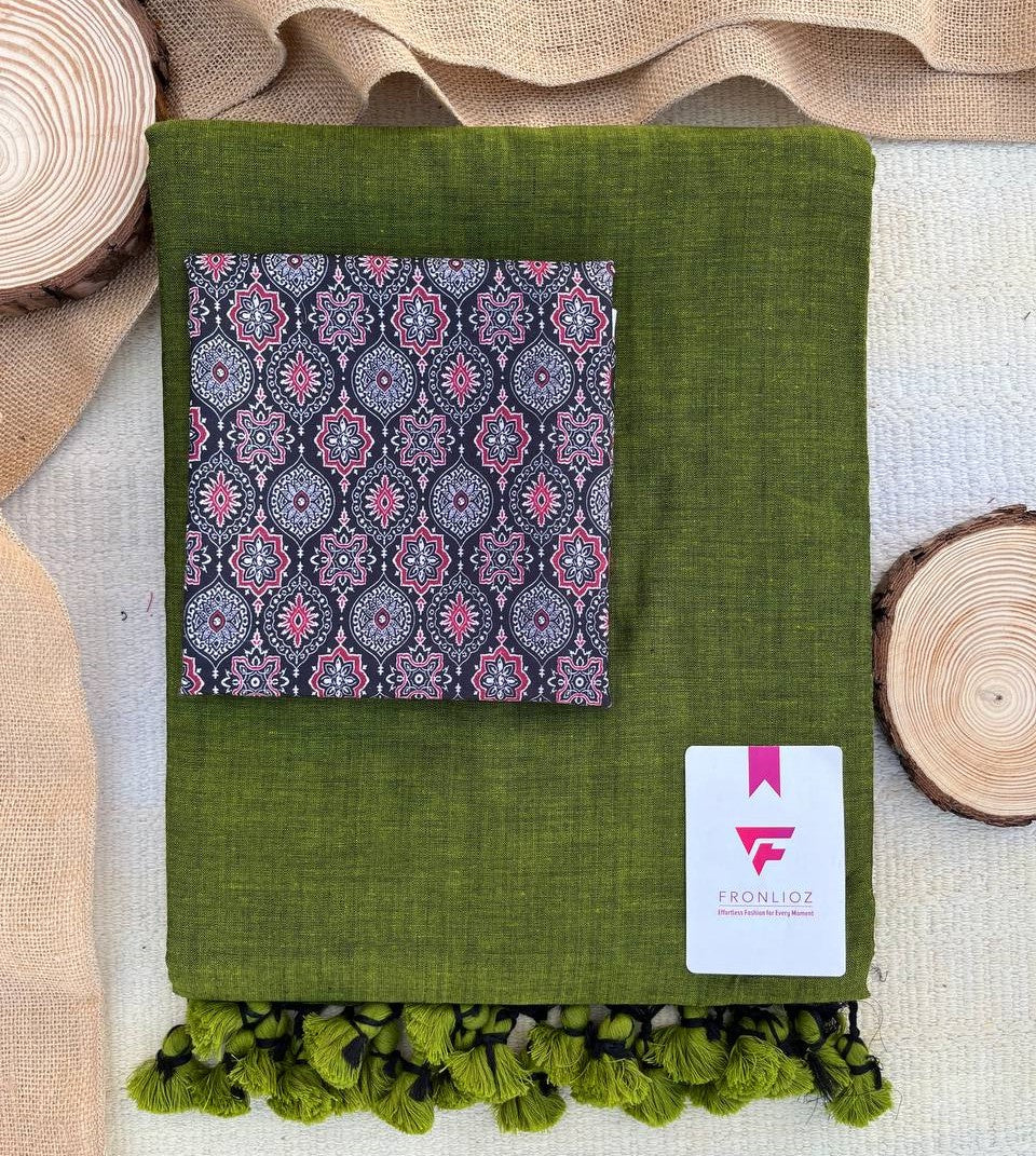Olive Khadi Cotton Saree & Designer Blouse