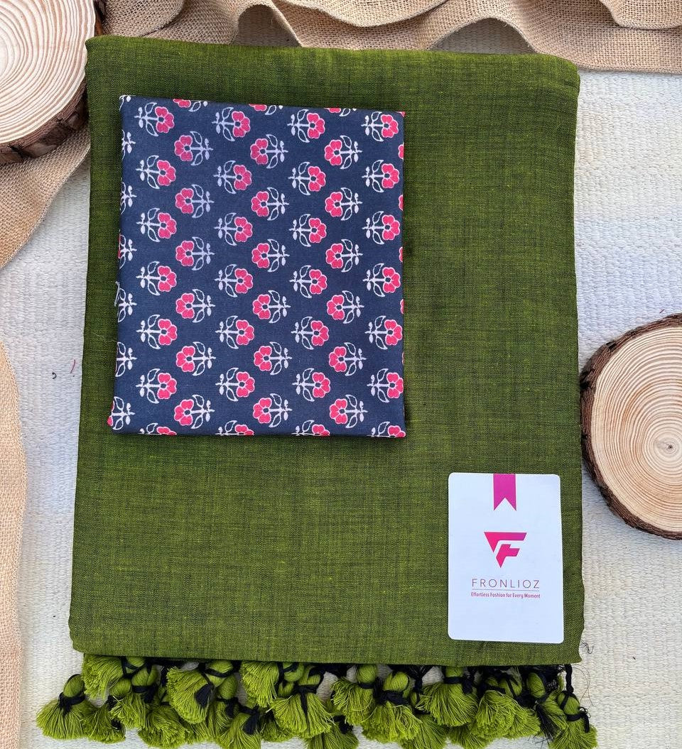 Olive Khadi Cotton Saree & Designer Blouse