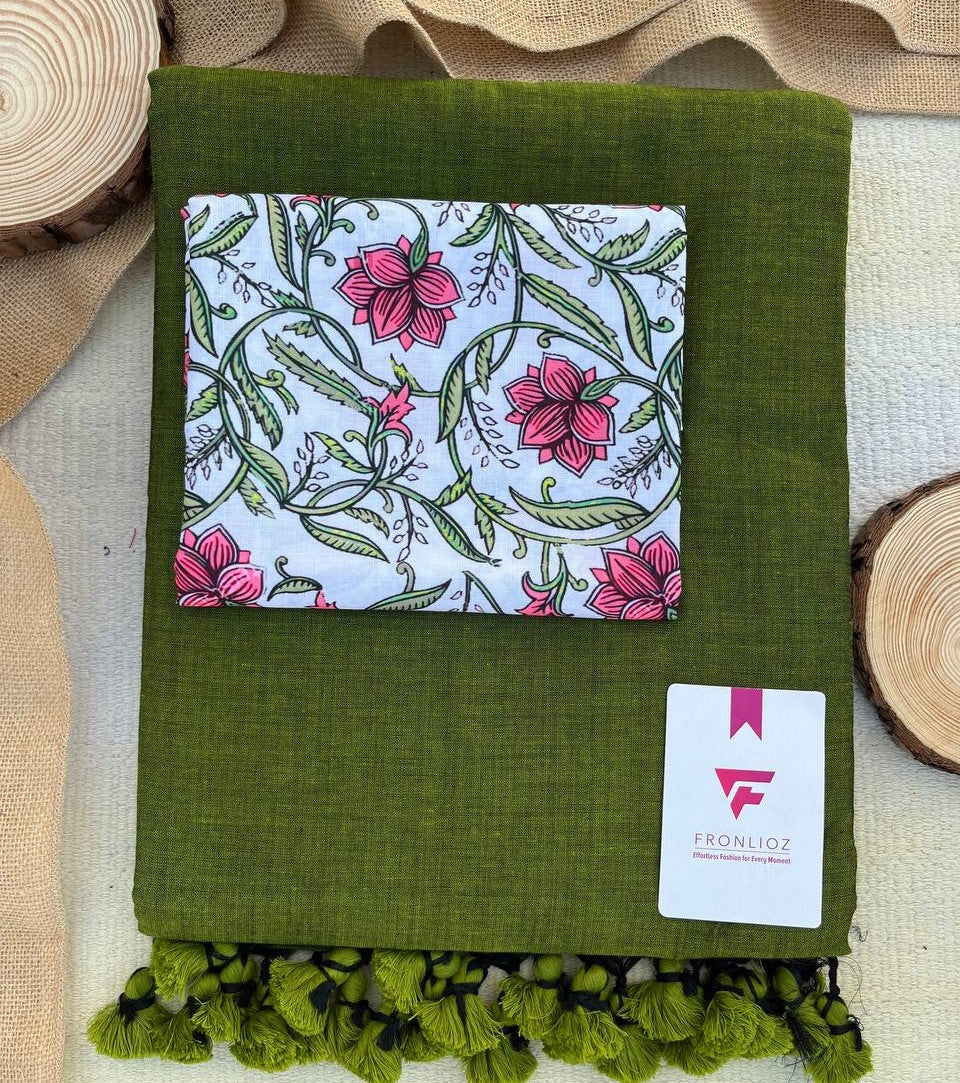 Olive Khadi Cotton Saree & Designer Blouse