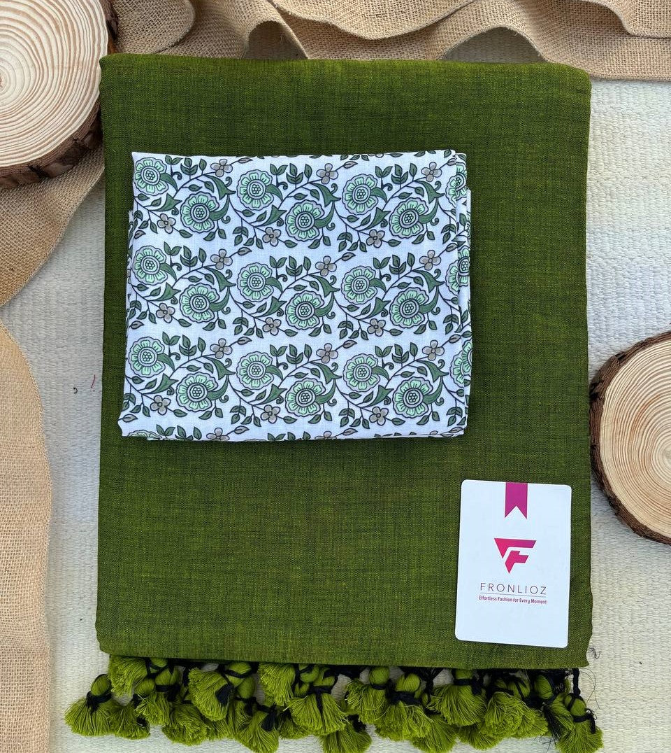 Olive Khadi Cotton Saree & Designer Blouse