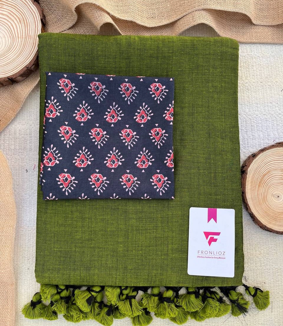 Olive Khadi Cotton Saree & Designer Blouse