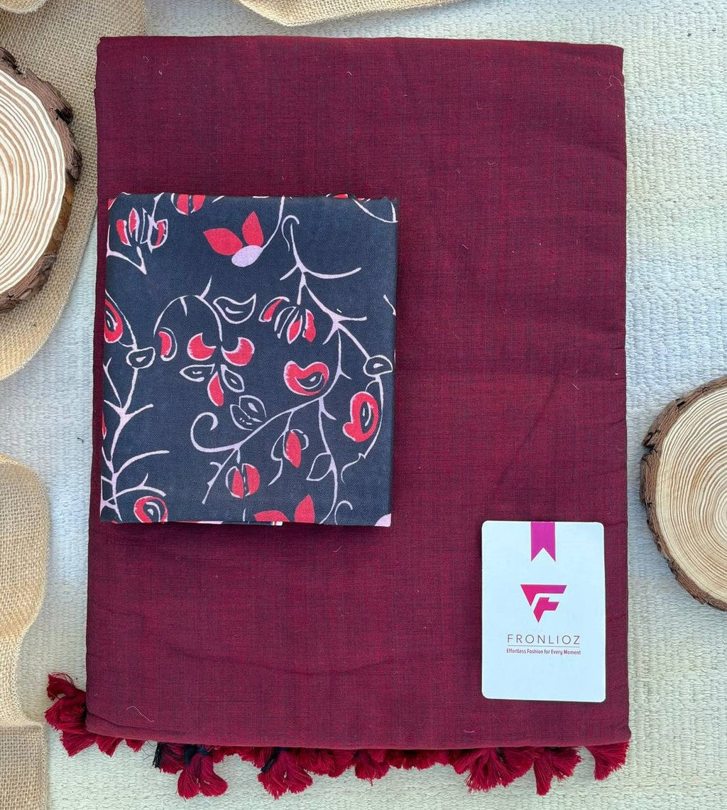 Maroon Khadi Cotton Saree & Designer Blouse