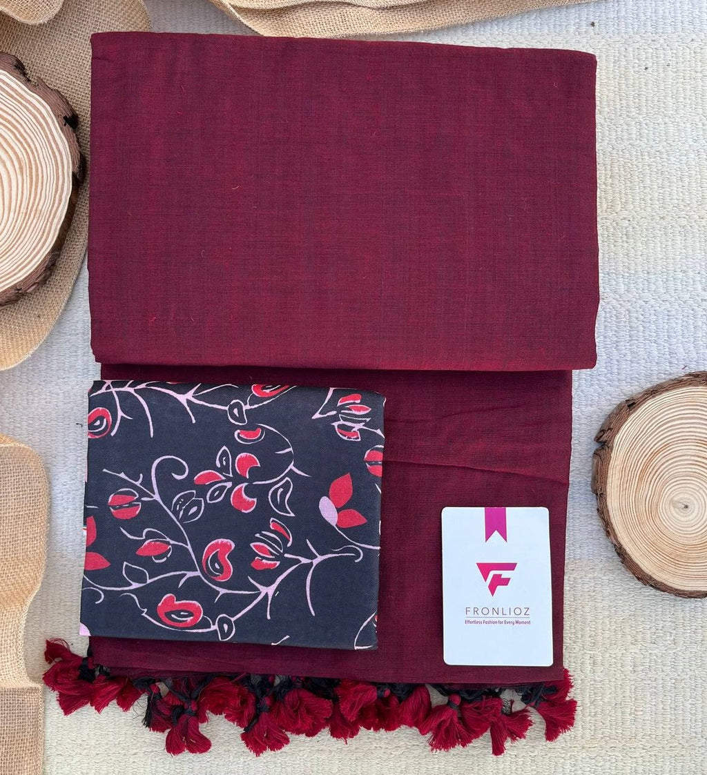 Maroon Khadi Cotton Saree & Designer Blouse