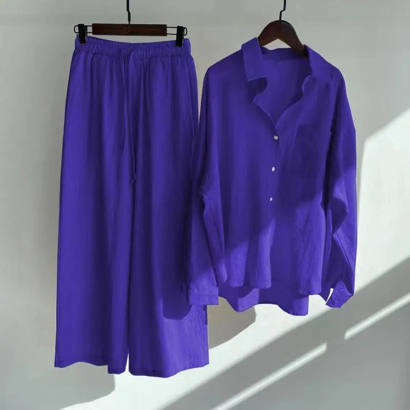 Fashionable Women's Slacks High Waist Cotton Shirt Suit