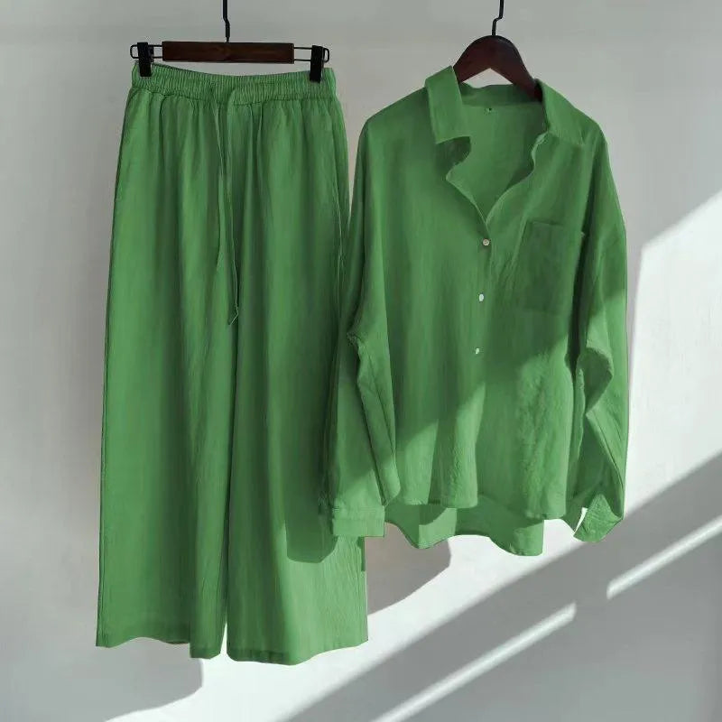 Fashionable Women's Slacks High Waist Cotton Shirt Suit