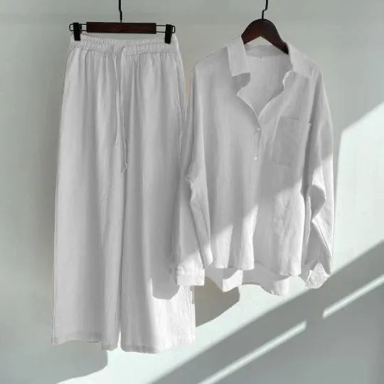 Fashionable Women's Slacks High Waist Cotton Shirt Suit