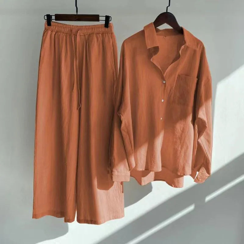 Fashionable Women's Slacks High Waist Cotton Shirt Suit