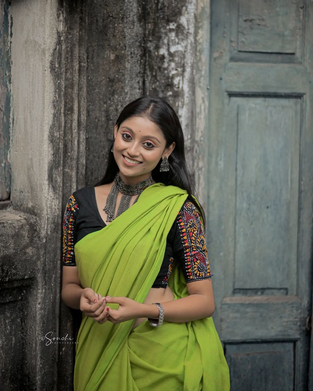 Parrot colour traditional looking Chanderi Cotton saree
