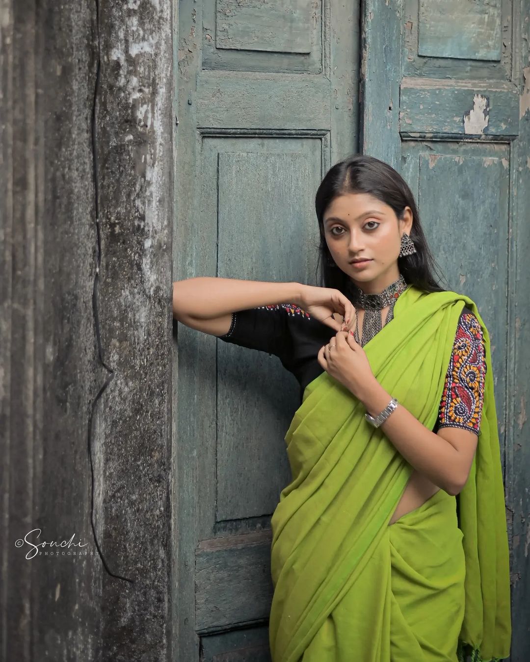 Parrot colour traditional looking Chanderi Cotton saree