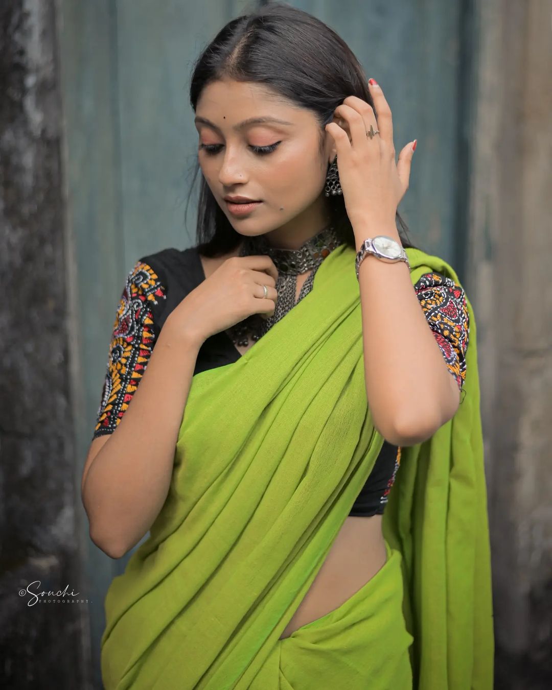 Parrot colour traditional looking Chanderi Cotton saree