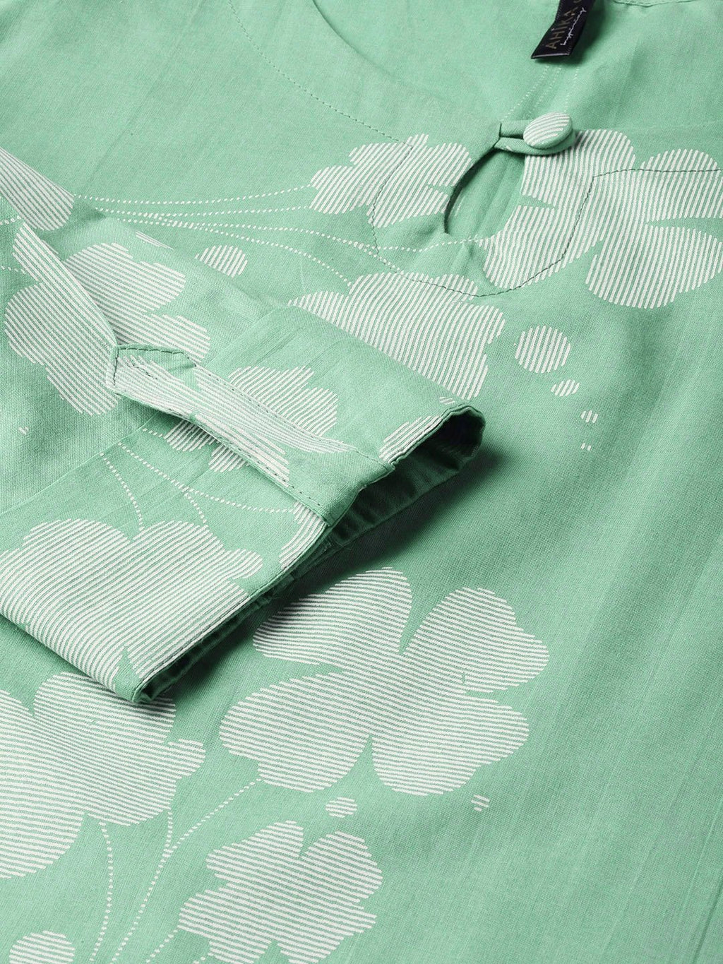 Green With White Floral Straight Cotton Kurti With Keyhole Neck