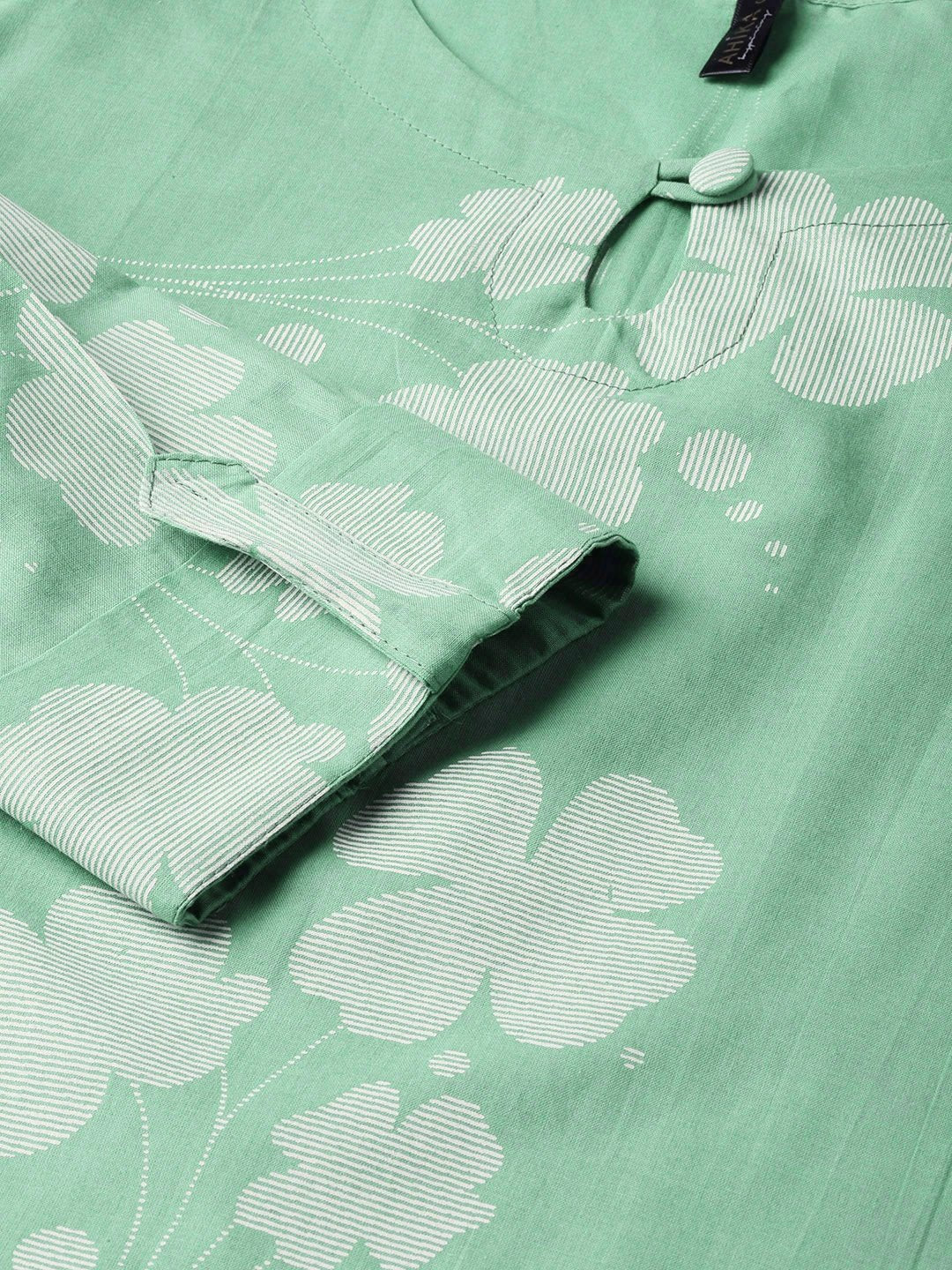 Green With White Floral Straight Cotton Kurti With Keyhole Neck