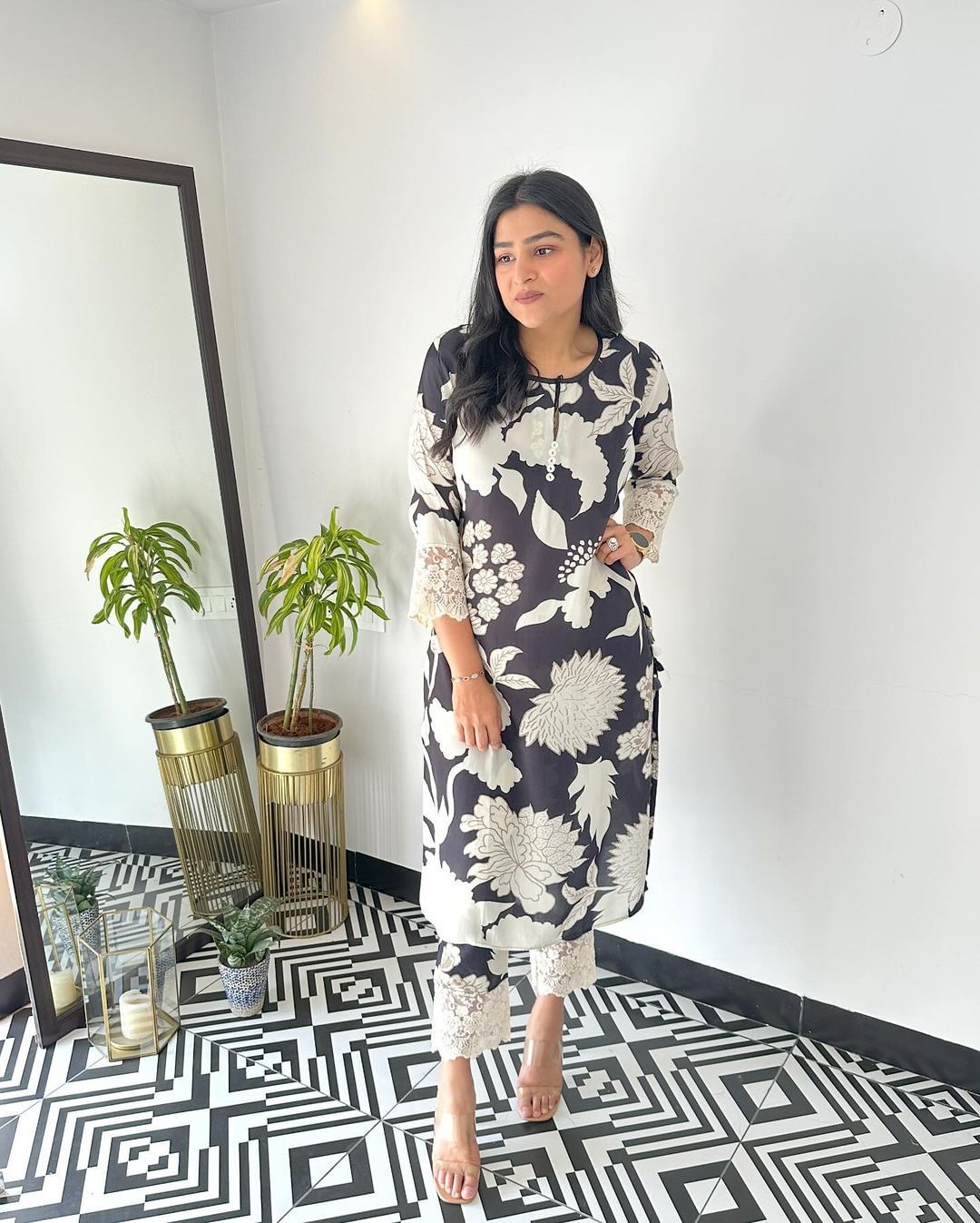Black and White Crepe Kurta Set