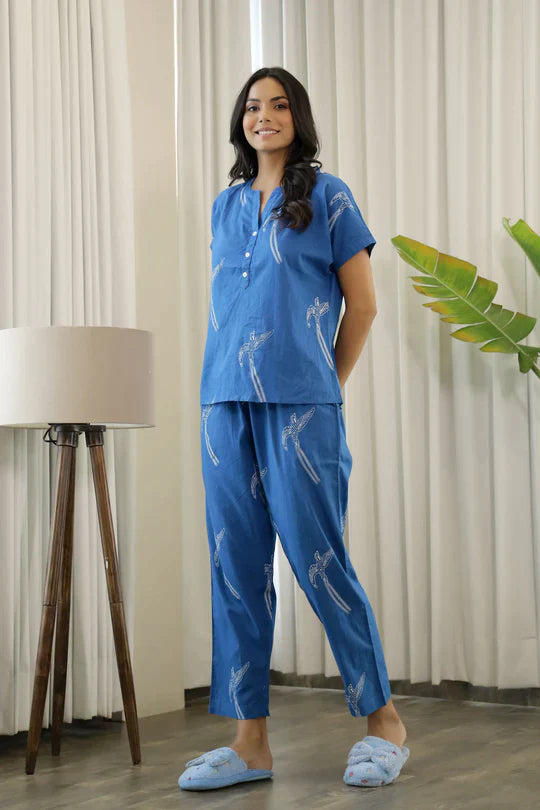 WOMEN BLUE AND WHITE CONVERSATIONAL EAGLE PRINTED CO-ORD SET