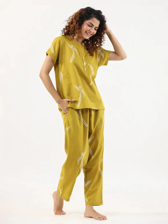 MUSTARD AND WHITE CONVERSATIONAL EAGLE PRINTED CO-ORD SET