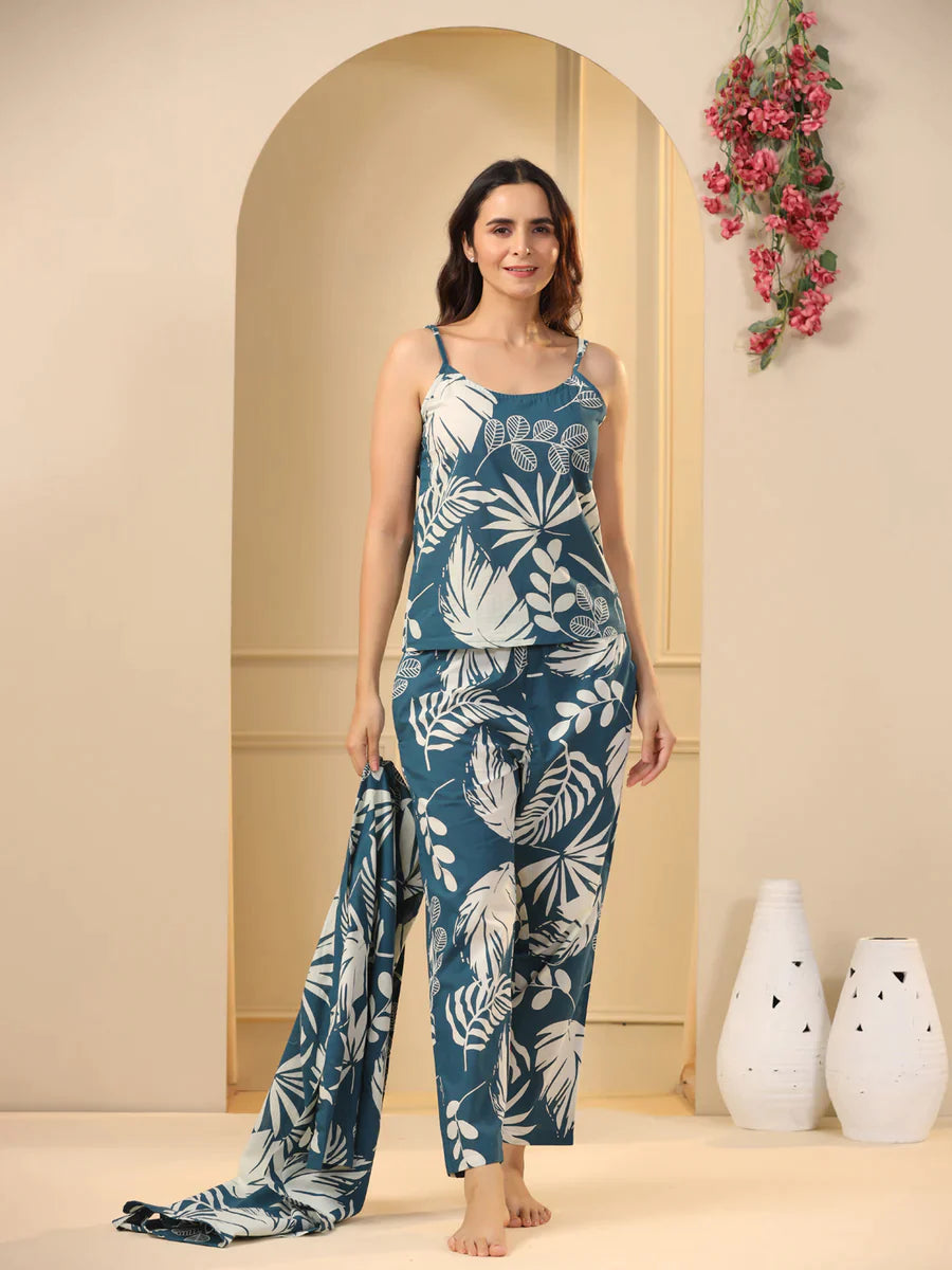 TEAL COTTON PRINTED 3 PEICE CO-ORD SET