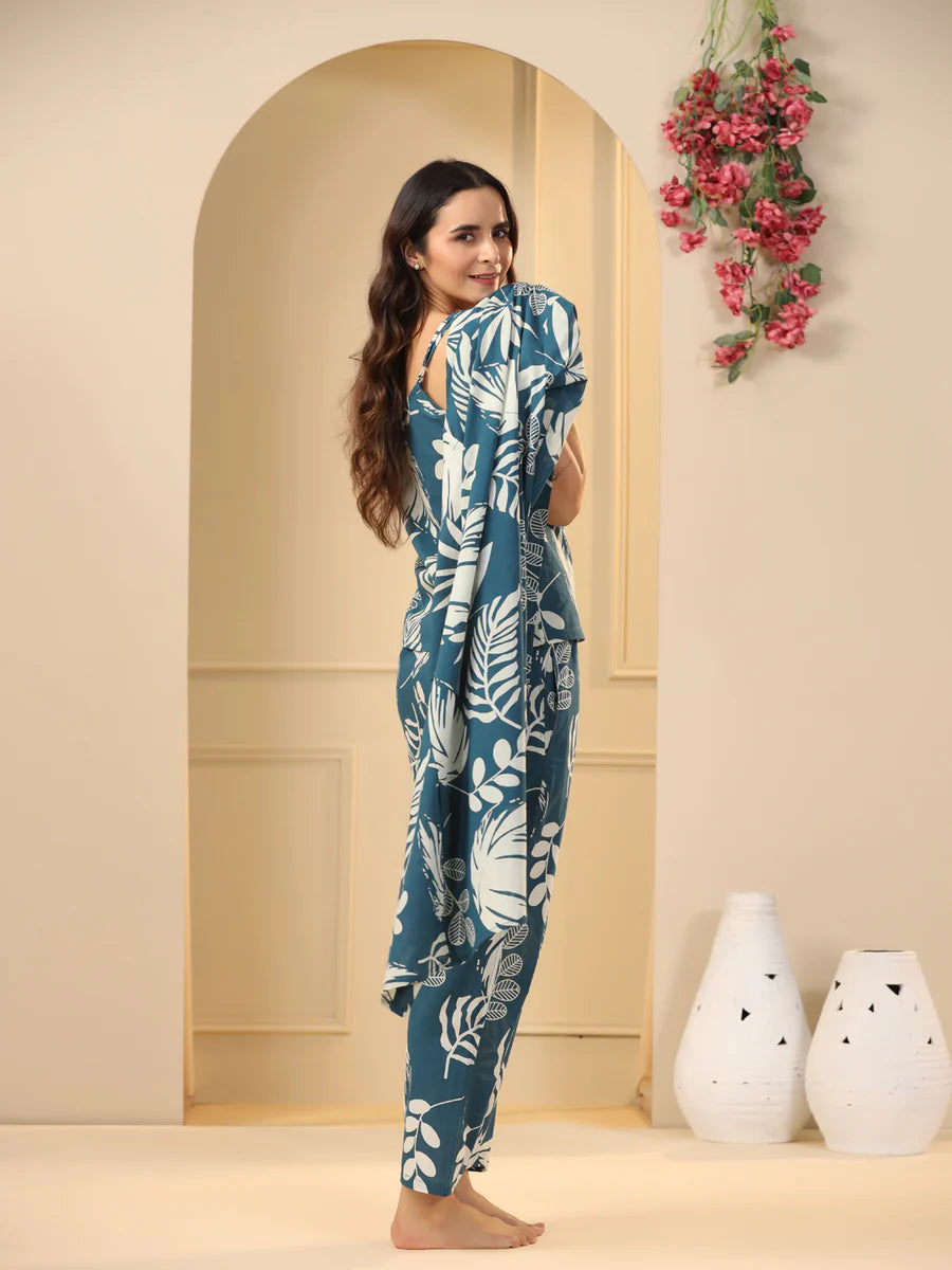 TEAL COTTON PRINTED 3 PEICE CO-ORD SET