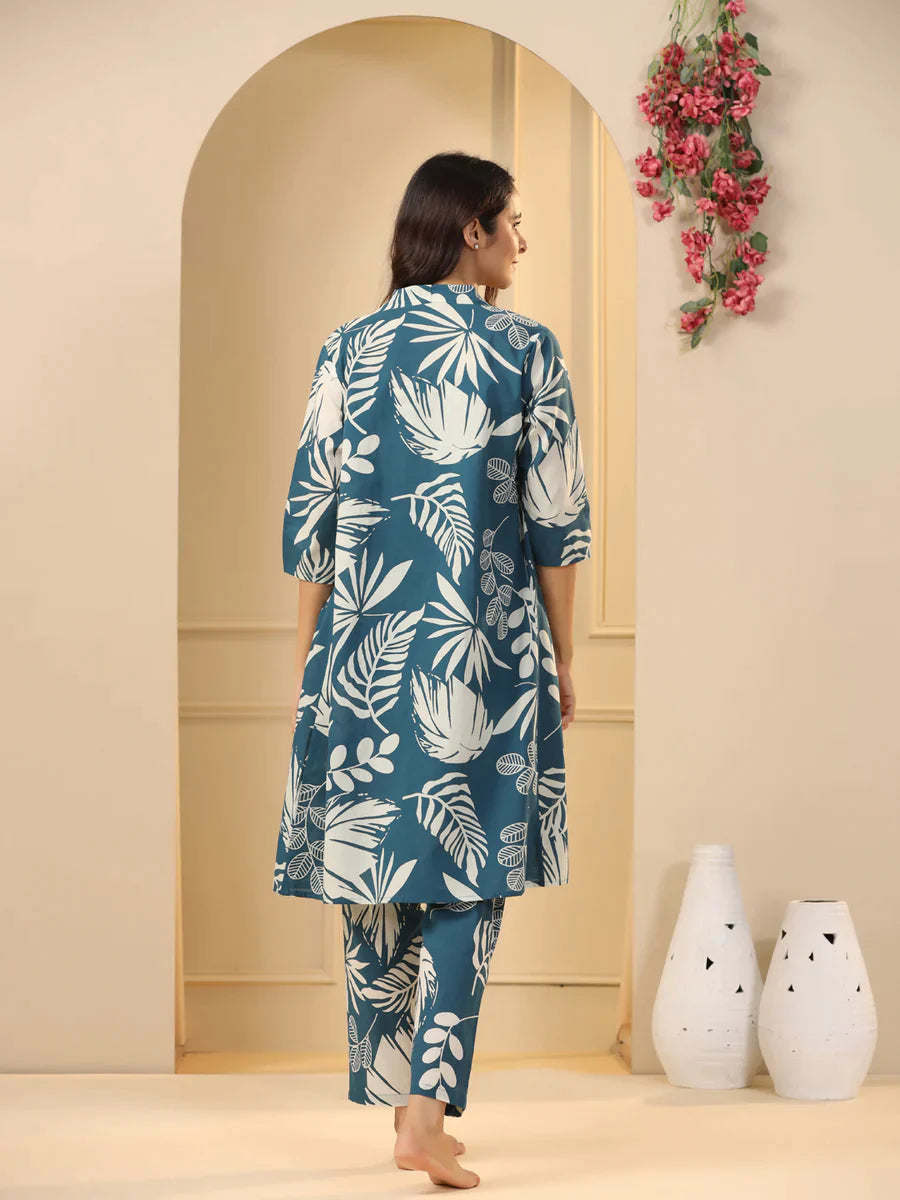 TEAL COTTON PRINTED 3 PEICE CO-ORD SET