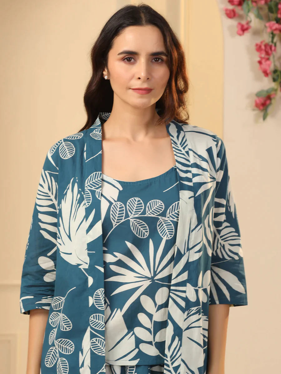 TEAL COTTON PRINTED 3 PEICE CO-ORD SET