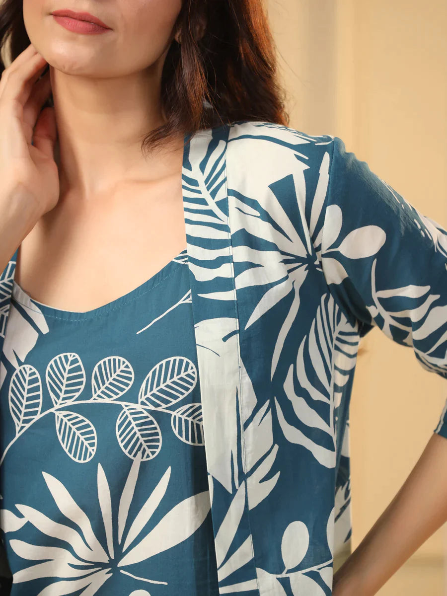 TEAL COTTON PRINTED 3 PEICE CO-ORD SET